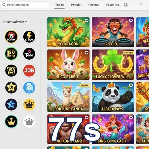 Interface do aplicativo 77s com slots para jogadores VIP.