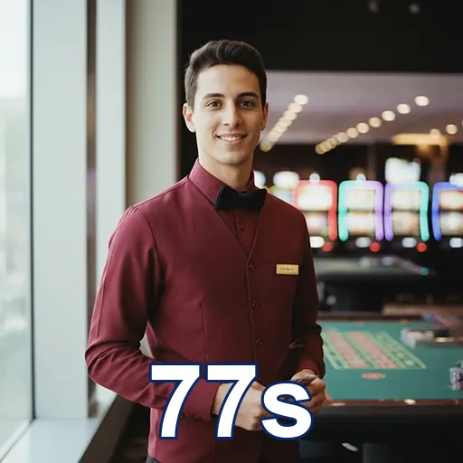 Atendente do 77s em ambiente de cassino elegante.