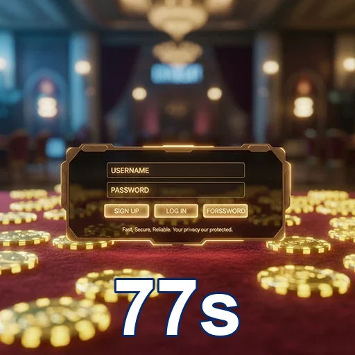 Tela de login do 77s em ambiente de cassino iluminado.