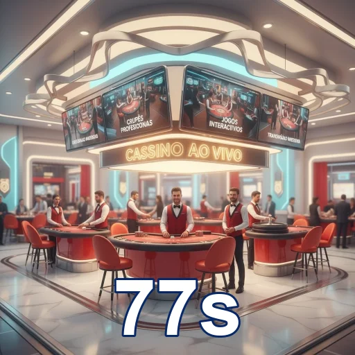 Interior do cassino ao vivo do 77s com mesas de jogos e dealer.