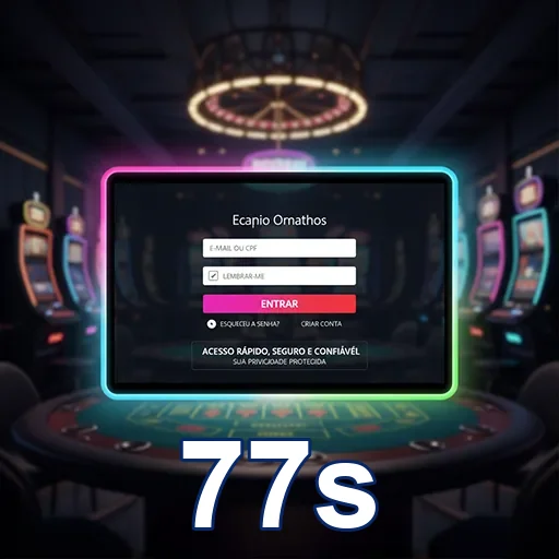 Tela de login do 77s com slots ao fundo, mostrando acesso fácil.