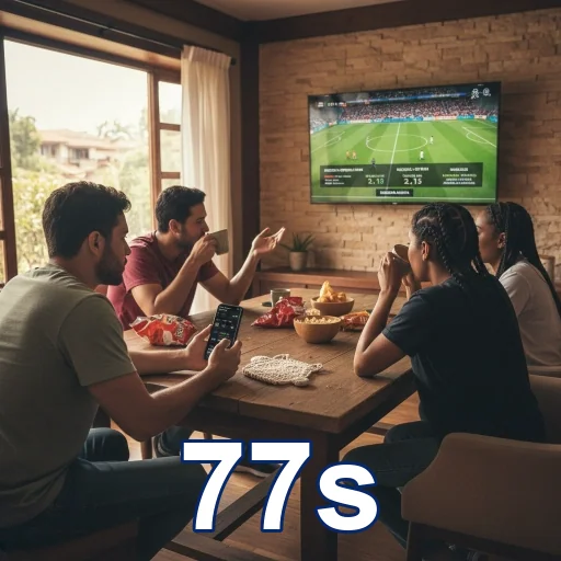Grupo de amigos desfrutando jogos ao vivo no 77s.