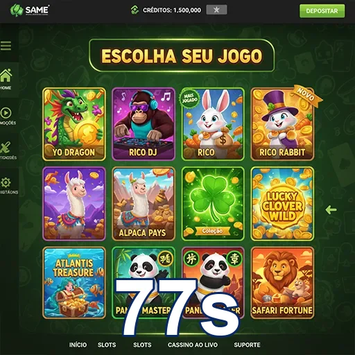 Tela do 77s com diversos jogos de slots disponíveis.