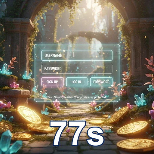 Tela de login da plataforma 77s com moedas e gemas ao redor.