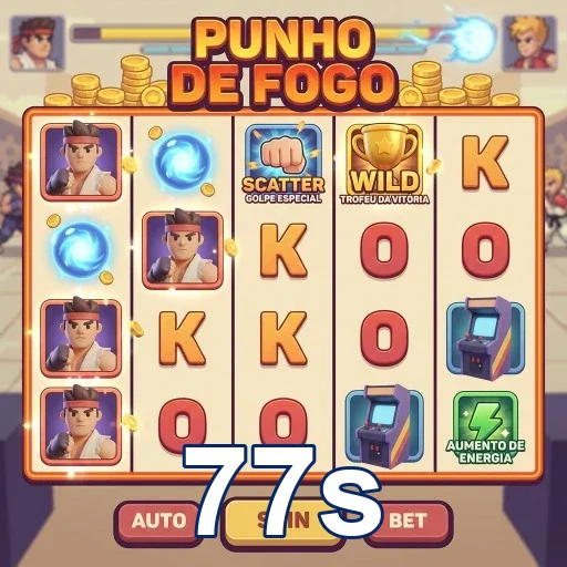 Tela do jogo 'Punho de Fogo' no site 77s com ícones de jogo.